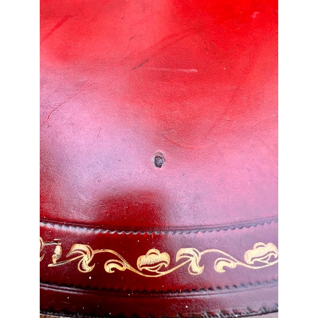 Brown Vintage Regency Style Mahogany Red Leather Top Drum Table Carved Base For Sale - Image 8 of 9