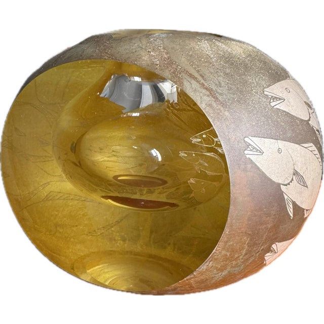 Metal 20th C. Super Heavy Hiroshi Yamano Signed Glass Sphere Sculpture With Silver & Copper Plating Fish Motif 6"x5"x 4.5"h - Might Missing the Fish For Sale - Image 7 of 13