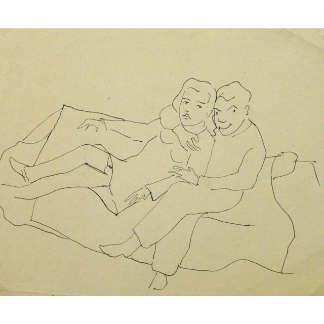 Jean-Charles Lauthe, Vintage Pen & Ink Sketch - Close Couple For Sale