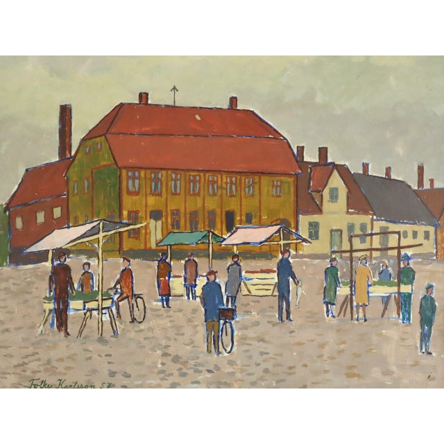 Mid 20th Century 1957 Mid-Century Modern 'Market Day in the Square' Vintage Original Street Scene Landscape Oil Painting, Framed For Sale - Image 5 of 12
