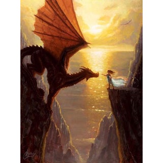 Disarming by Christopher Clark | Oil Painting of a girl confronting a dragon at sunset For Sale