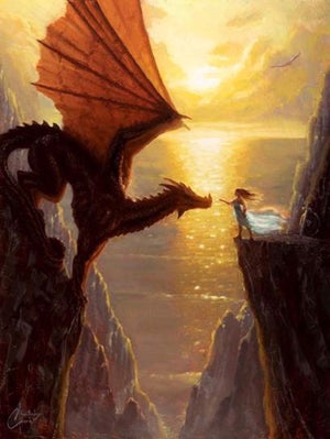 Disarming by Christopher Clark | Oil Painting of a girl confronting a dragon at sunset