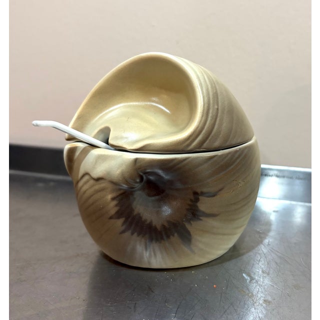 1960s Otagiri Japan ceramic nautilus shell serving jar w/ spoon. Excellent condition.