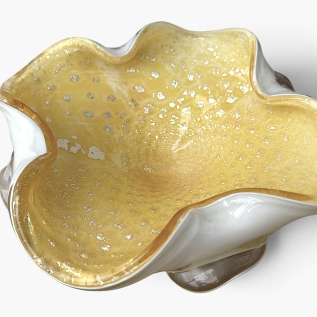 Glass Vintage Murano Art Glass Bowl Aventurine— White & Gold Fleck Centerpiece For Sale - Image 7 of 8