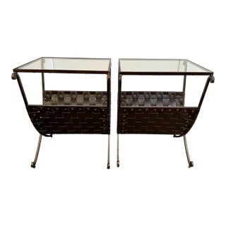 Pair of Woven Leather, Metal and Glass Side Tables For Sale