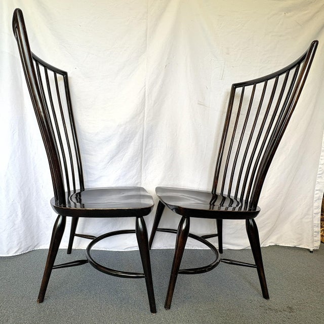 Vintage High Swept Back Windsor Birdcage Chairs in Ebony Finish- A Pair For Sale - Image 4 of 18