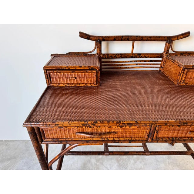 Vintage British Colonial Style Faux Burnt Bamboo and Grasscloth Pagoda Desk and Chair For Sale In Miami - Image 6 of 10