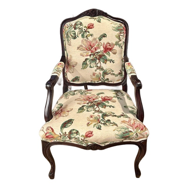 Mid 20th Century Louis XV Armchair Fauteuil Upholstered in Raymond Waites Magnolia Linen Fabric For Sale