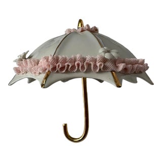 Vintage Italian Capodimonte Delicate Porcelain Pink Laced Gold Trimmed Umbrella Parasol Figurine For Sale