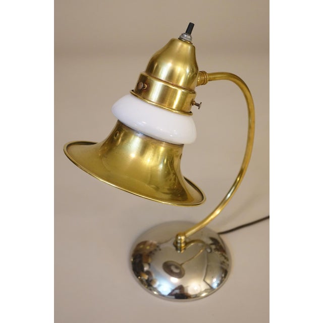 Brass 1930s Art Deco Streamline Brass Chrome Milk Glass "Halo" Table Lamp Markel Faries Era For Sale - Image 8 of 10