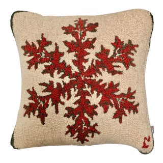 Chandlers 4 Corners Cream and Red Hand Knot Pillow With Red Snowflake / Diamond Design For Sale