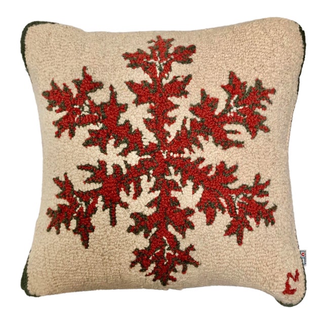 Chandlers 4 Corners Cream and Red Hand Knot Pillow With Red Snowflake / Diamond Design For Sale