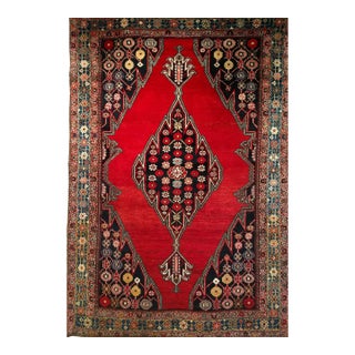 Vintage Persian Mazgalan Area Rug, Hand-Knotted Wool, Geometric Pattern, 5x7, Red & Navy For Sale