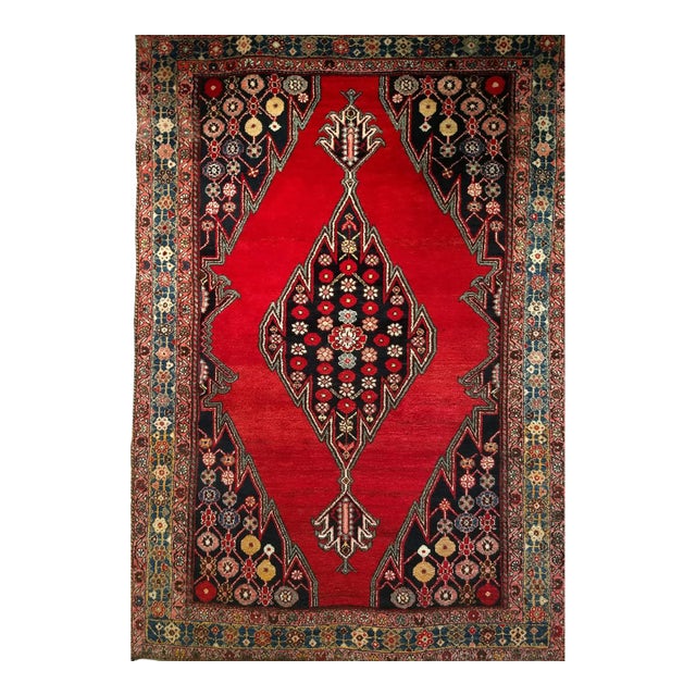 Vintage Persian Mazgalan Area Rug, Hand-Knotted Wool, Geometric Pattern, 5x7, Red & Navy For Sale