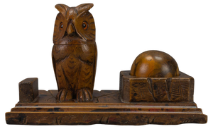 Hand-Carved Wooden Inkwell or Pen Stand with Owl Figure, 1920s