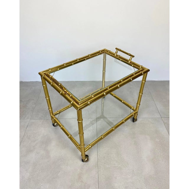 Brass Faux Bamboo Effect & Glass Serving Bar Cart, Italy, 1960s For Sale - Image 3 of 18