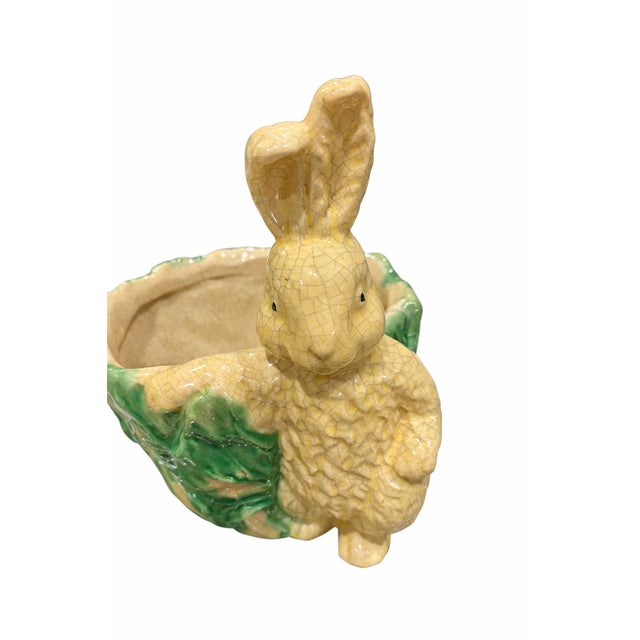Vintage Majolica-Style Easter Bunny With Cabbage – Green & Cream Crackle Glazed Ceramic Rabbit, Cottage Garden Decor For Sale In San Diego - Image 6 of 9