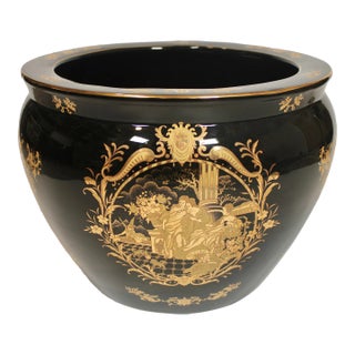 Large Mid Century French Black and Gold Ceramic Koi Fish Bowl Planter For Sale