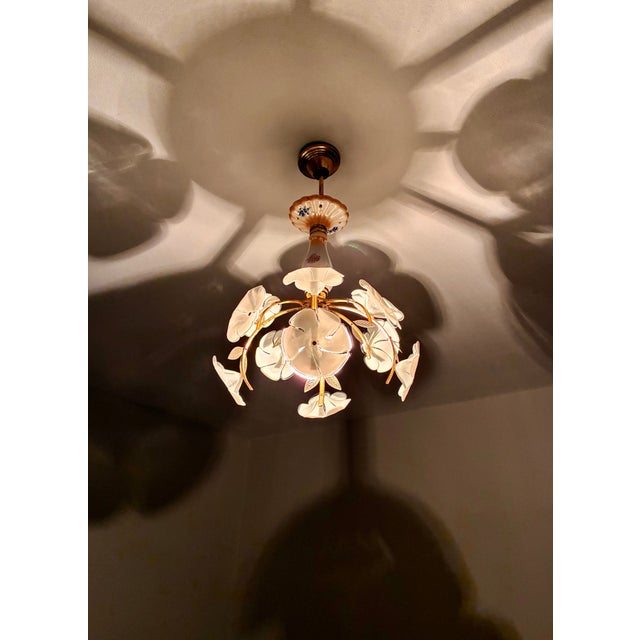 Mid 20th Century Italian Handmade Porcelain & White Murano Style Glass Daisy Chandeliers - a Pair For Sale - Image 12 of 17