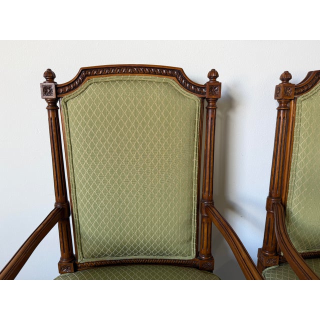 Vintage French Louis XVI Style Carved Walnut Armchairs With Green Upholstery – A Pair For Sale In Miami - Image 6 of 12