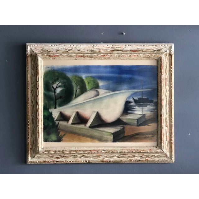 Mid-Century Modern Vintage 1950 Wpa Style Pastel Painting of a Ship For Sale - Image 3 of 12