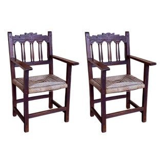 20th Century Pair of Catalan Throne Armchairs in Walnut and Caned Seats For Sale