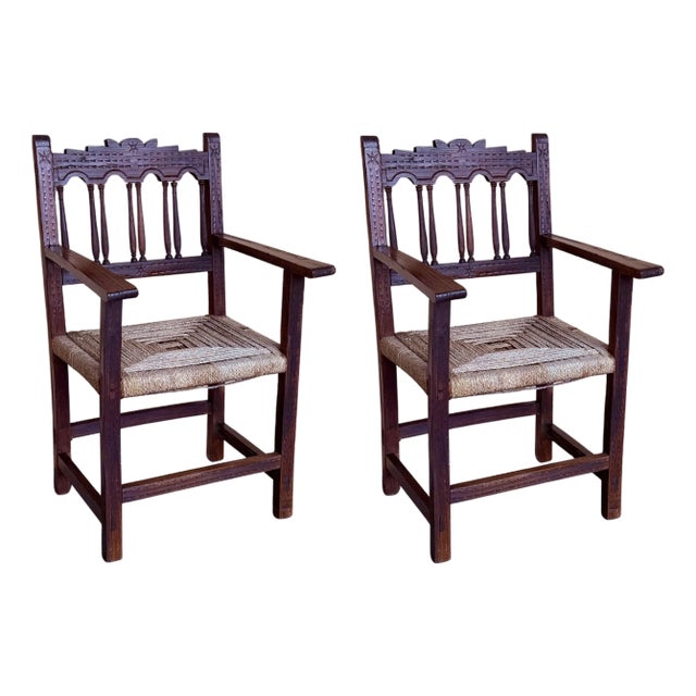 20th Century Pair of Catalan Throne Armchairs in Walnut and Caned Seats For Sale