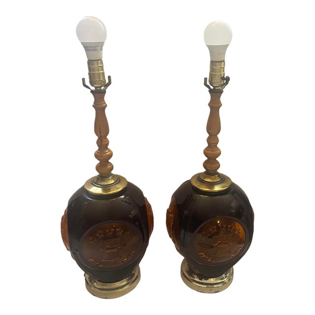 Vintage Phoenix Consolidated Light Co Amber 24” Set of Patriotic Lamps Rare - a Pair For Sale