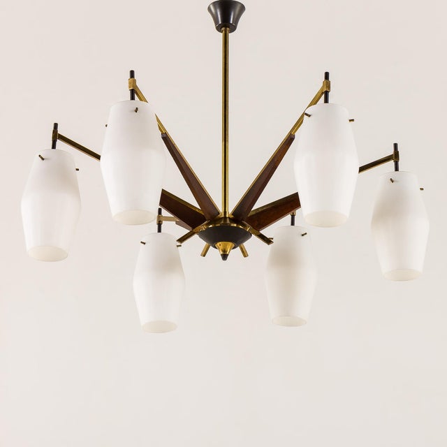 Wood Mid-Century Italian Brass and Teak Chandelier in the style of Stilnovo, 1960s For Sale - Image 7 of 10