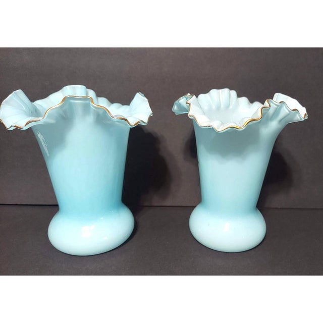 Late 20th Century Pair of Antique Blue Opaline Bristol Glass Vases Ruffled Edge Hand Painted Matching Mantel For Sale - Image 5 of 10