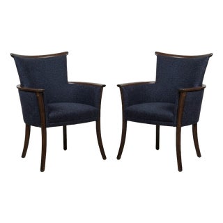 Vintage Hungarian Lounge Chairs in Navy Bouclé with Wooden Frames, Set of 2 For Sale