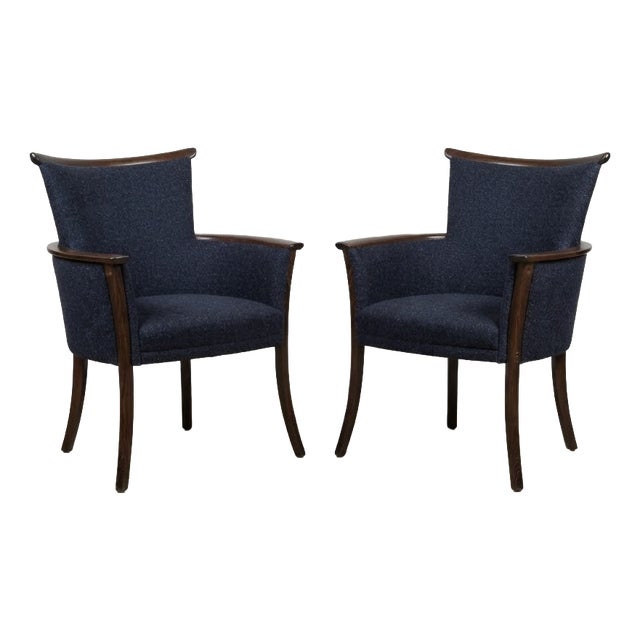 Vintage Hungarian Lounge Chairs in Navy Bouclé with Wooden Frames, Set of 2 For Sale