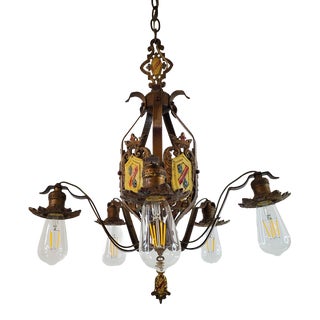 Antique Spanish Revival 5-Light Chandelier With Coat of Arms Accents For Sale