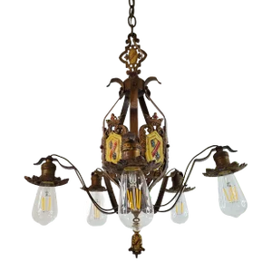Antique Spanish Revival 5-Light Chandelier With Coat of Arms Accents