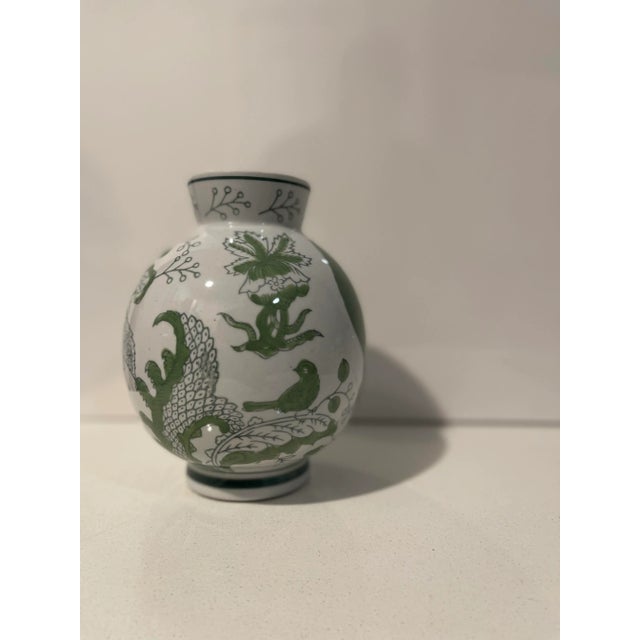 Traditional Round Green & White Cloisonne Symbolic Bird & Vine Vase For Sale - Image 4 of 12