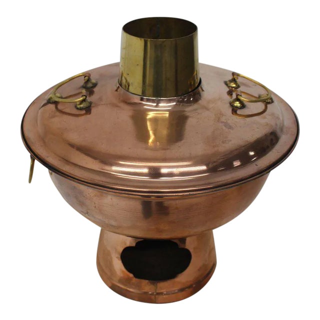 Copper and Brass Coal Burning Food Warmer Removable Chimney Samovar For Sale