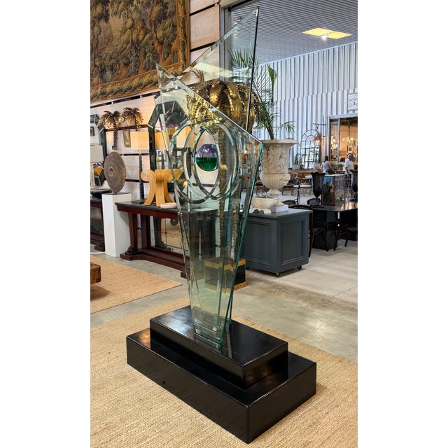 Transparent Monumental Studio Glass Architectural Sculpture with Suspended Sommerso Vase For Sale - Image 8 of 13