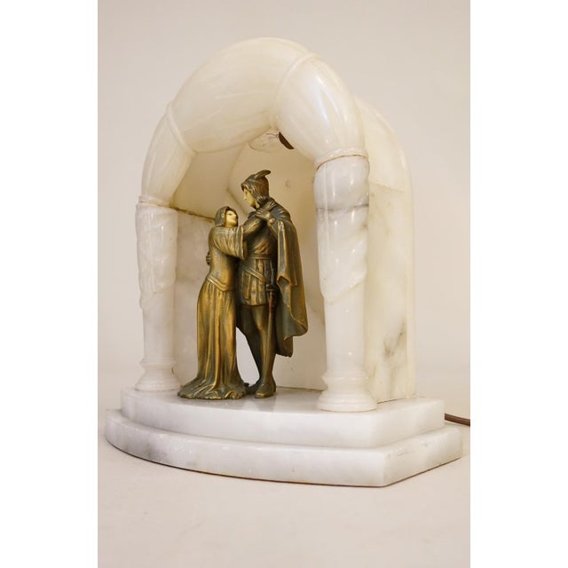 J. B. Hirsch 1920s Rare French Art Nouveau J. B. Hirsch Carved Alabaster Marble Bronze Table Lamp For Sale - Image 4 of 13
