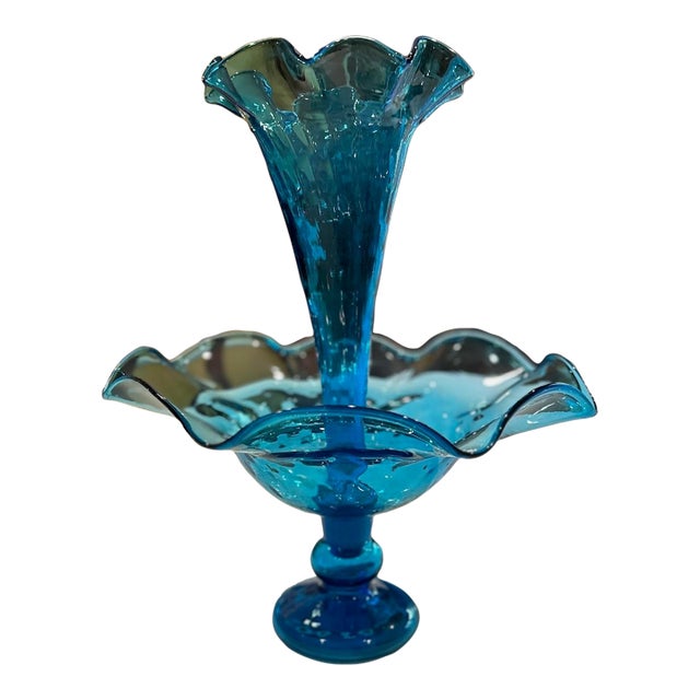 Early 20th Century Fenton Blue Art Glass Ruffled Epergne Trumpet Vase For Sale
