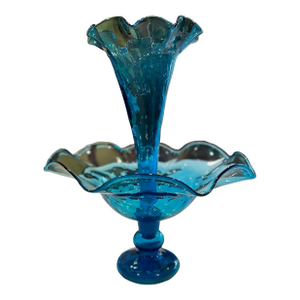 Early 20th Century Fenton Blue Art Glass Ruffled Epergne Trumpet Vase