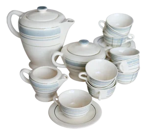 Vintage 10-Person Coffee Set with Salins Earthenware and Geometric Design from Salins, 1920s, Set of 10