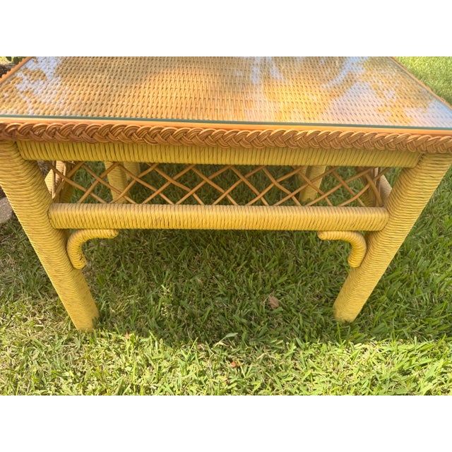 Wood Henry Link Style Wicker & Glass Top Side Tables - A Pair For Sale - Image 7 of 7