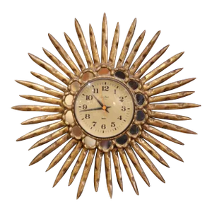 Mid 20th Century Mid-Century Spanish Carved Giltwood Sunburst Wall Clock With Mirrored Insets