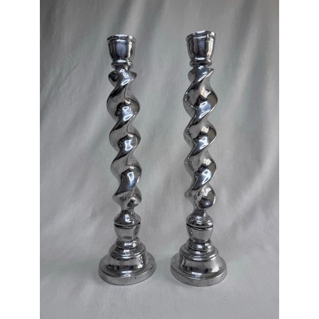 Mid 20th Century Vintage Large English Traditional Barley Twist Silver Tone Candlesticks, a Pair For Sale - Image 5 of 11