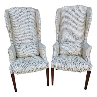 Antique Host & Hostess Wingback Dining Chairs W Silk Damask Upholstery - A Pair For Sale