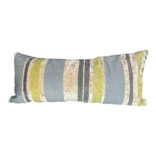 Galbraith & Paul Hand-Painted Velvet Lumbar Pillow | Striped | Blue, Chartreuse, Champagne For Sale