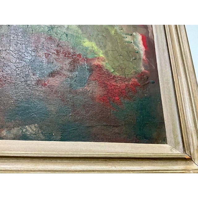 Wood Vintage Abstract Painting With Craquelure in Original Wood Frame For Sale - Image 7 of 14