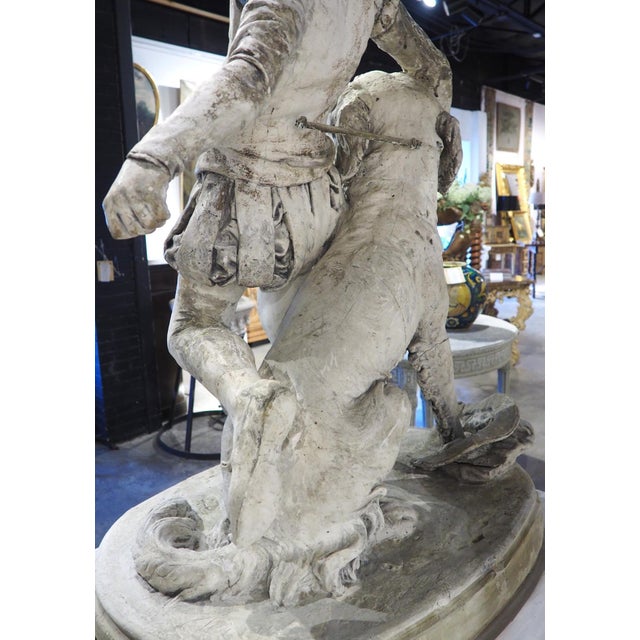 Signed Antique French Plaster Sculpture, a Renaissance Boy and His Dog, C. 1880 For Sale - Image 10 of 18