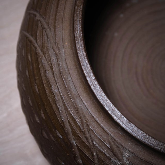 Ceramic Vintage Textured Brown Earthenware Bowl For Sale - Image 7 of 7