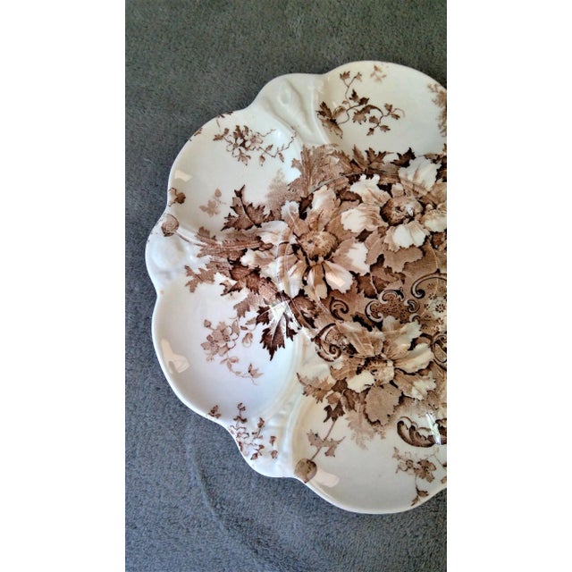 English Antique Marguerite Royal Staffordshire Pottery Brown Transferware Oyster Plate For Sale - Image 3 of 12